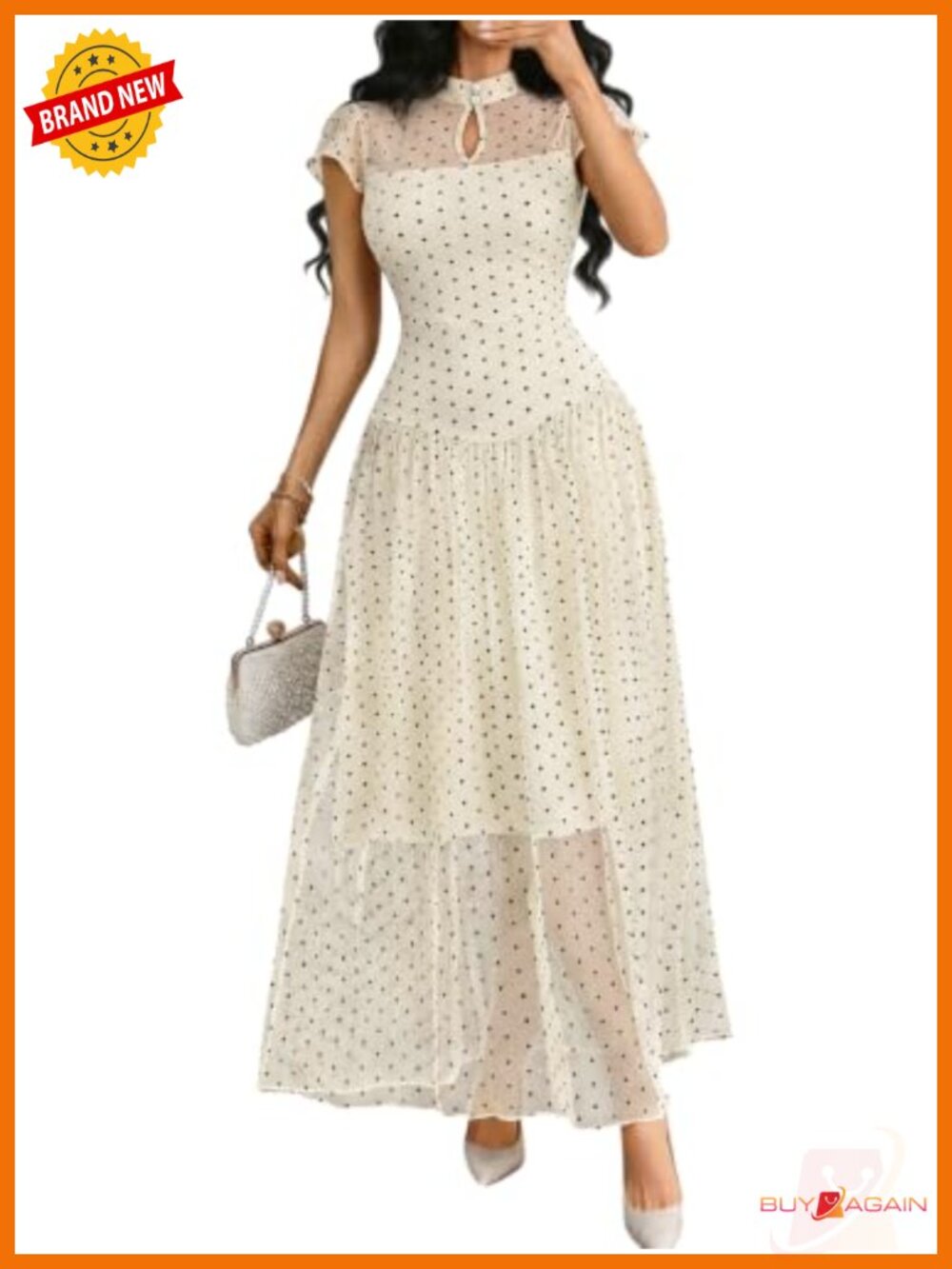 Women's Mesh Polka Dot A-Line Maxi Dress Keyhole Short Sleeve Semi Formal